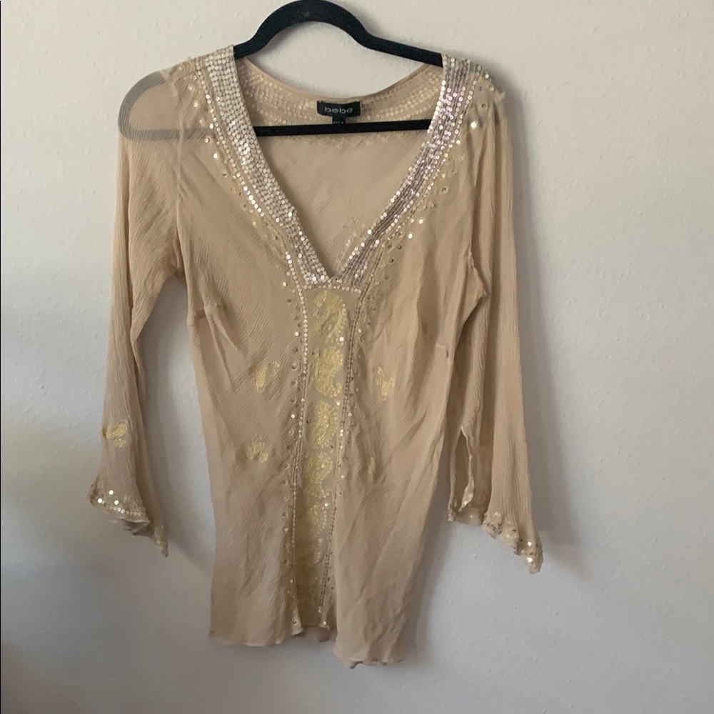 Bebe Beige Sequin Embellished Blouse